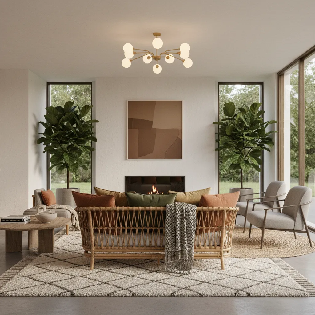 Outdoor sofa styled indoors with rug, pillows and lighting