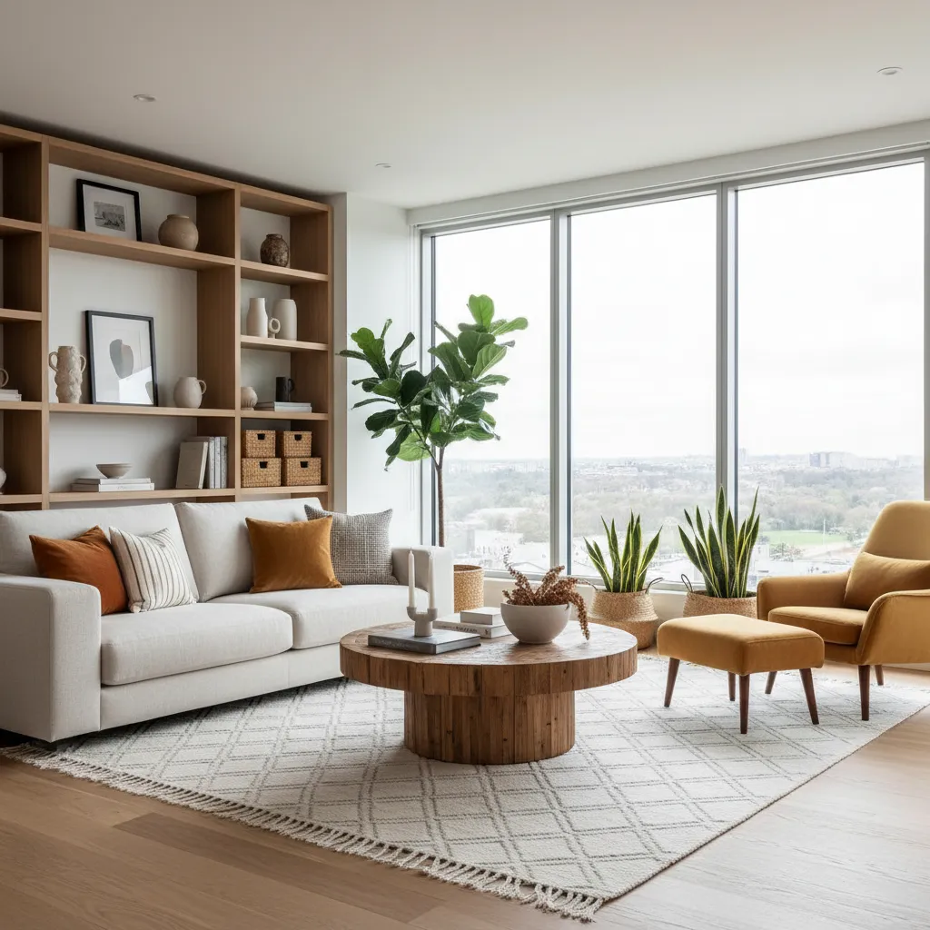 Bright living room with white sofa wooden coffee table yellow armchair footrest rug and windows