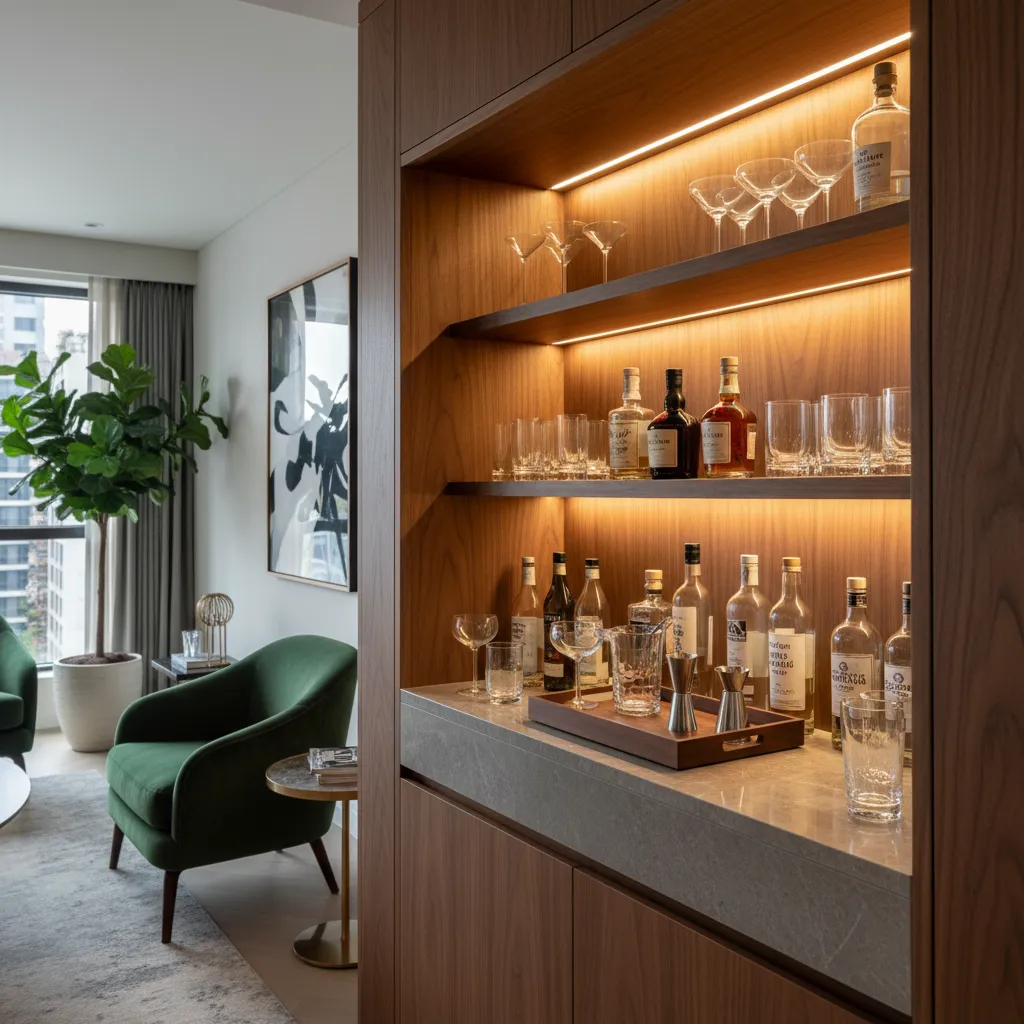 Bar pequeño elegante con iluminación cálida y bandeja de coctelería