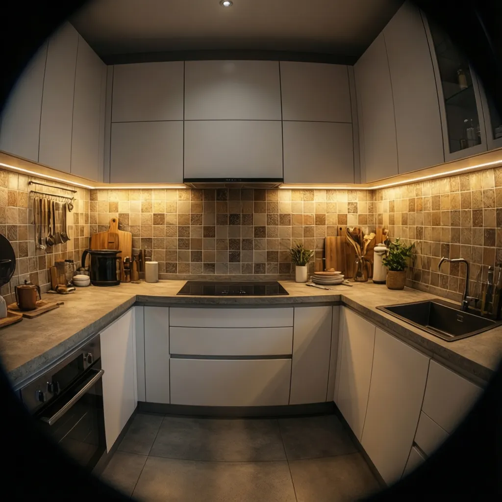 Stylish kitchen showing realistic peel and stick backsplash with under cabinet lighting