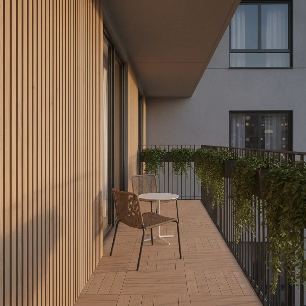 stylish micro balcony with wood slat wall lighting and railing plants