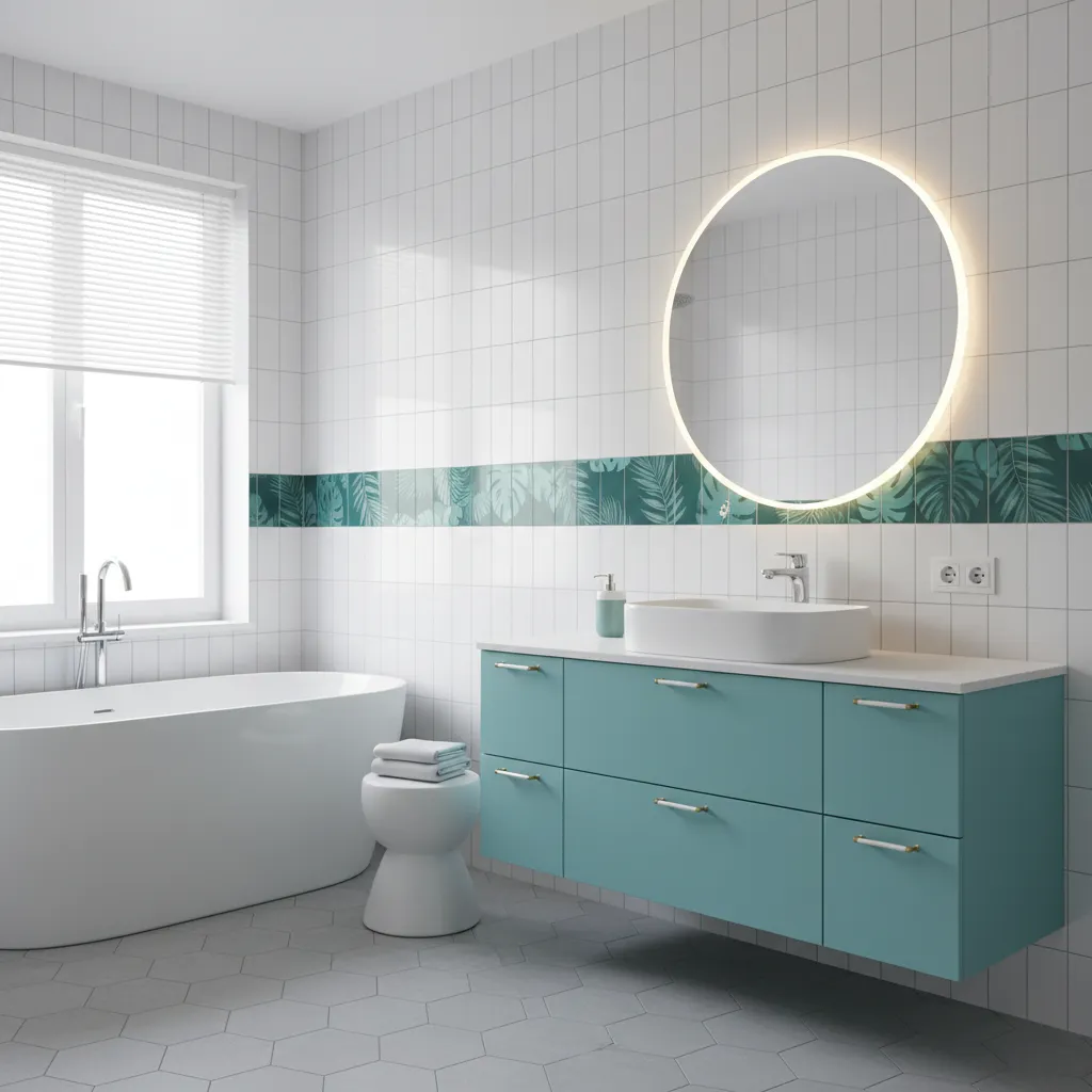 Stylish bathroom inspired by Stitch colors with aqua vanity and tropical accents
