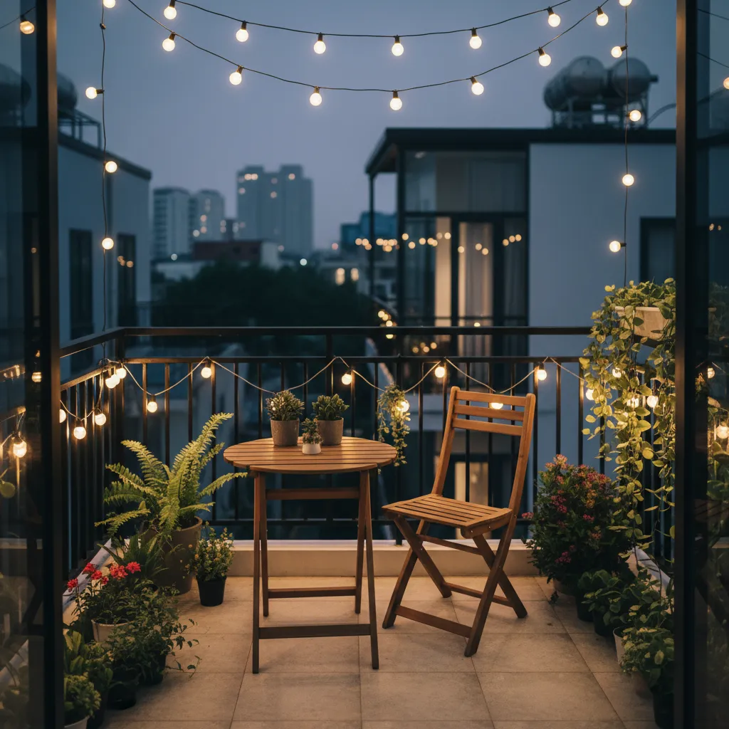 Cozy night balcony decorated with string lights wooden folding table chair and many green plants