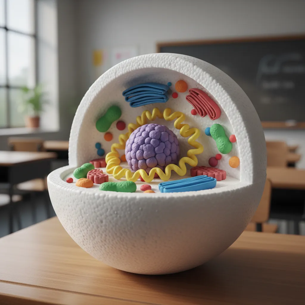 Half cut Styrofoam sphere showing interior of a cell model with colorful organelles