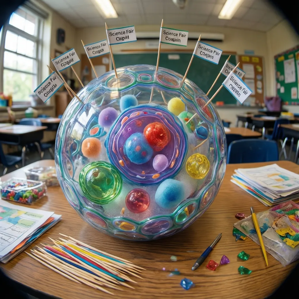 Labeled Styrofoam cell model with toothpick flags identifying organelles
