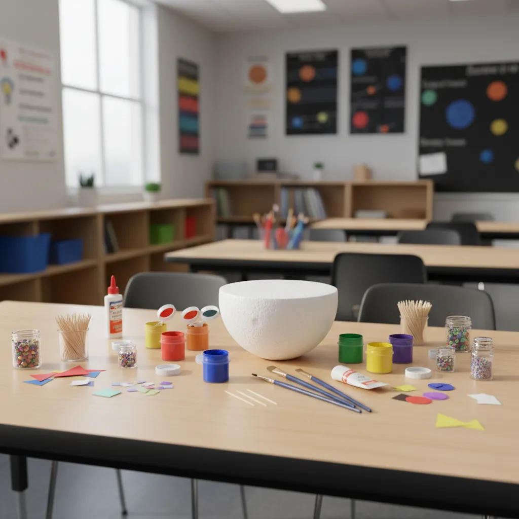 Styrofoam half sphere with craft materials prepared for a biology cell model