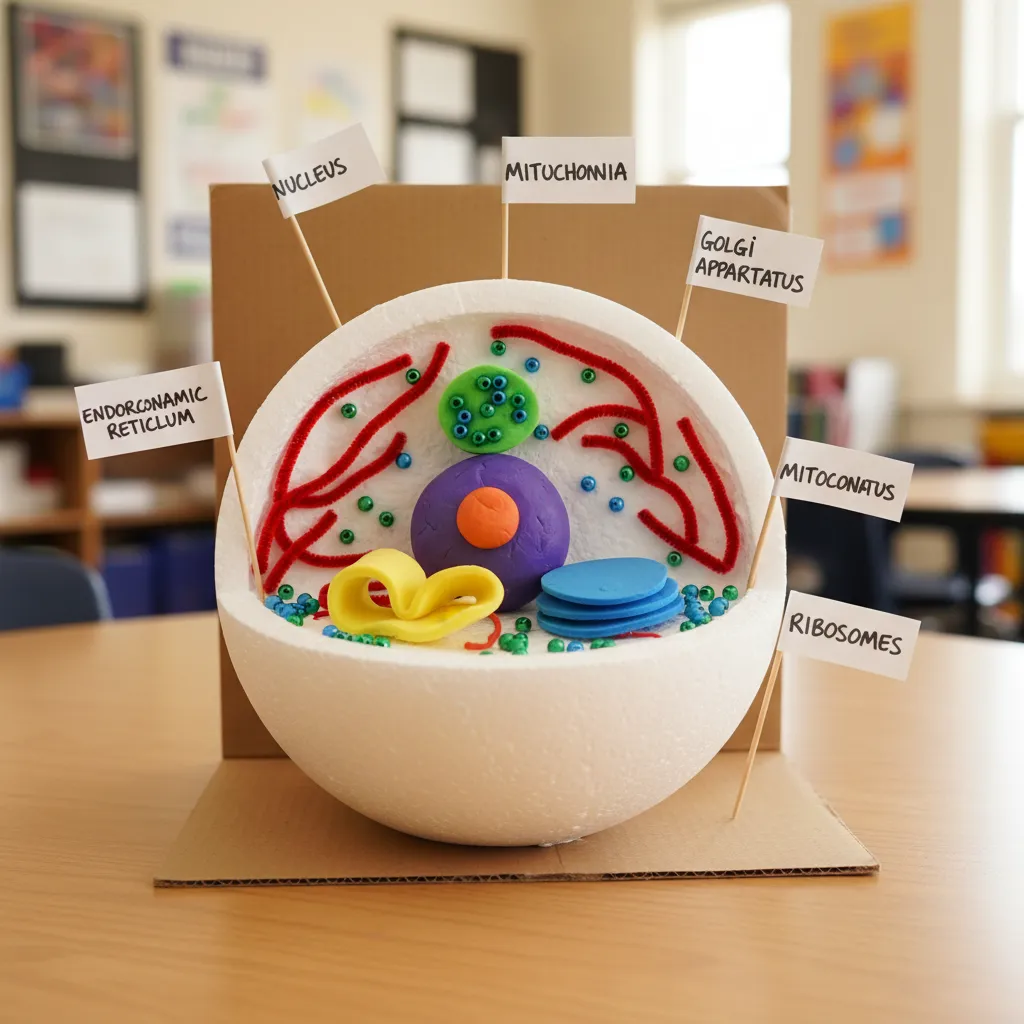 Completed styrofoam cell model with beads clay and pipe cleaners representing organelles