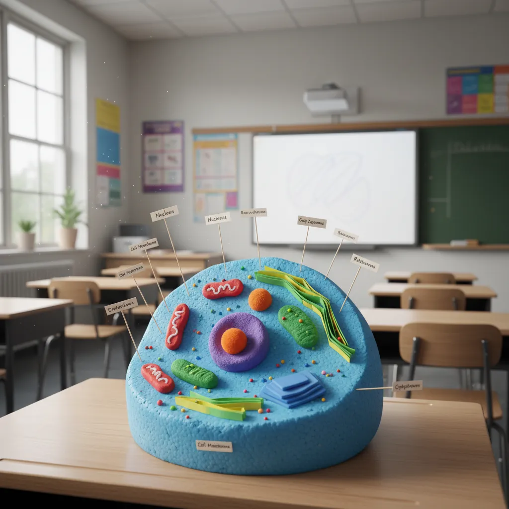 Student holding a colorful styrofoam animal cell model with labeled organelles