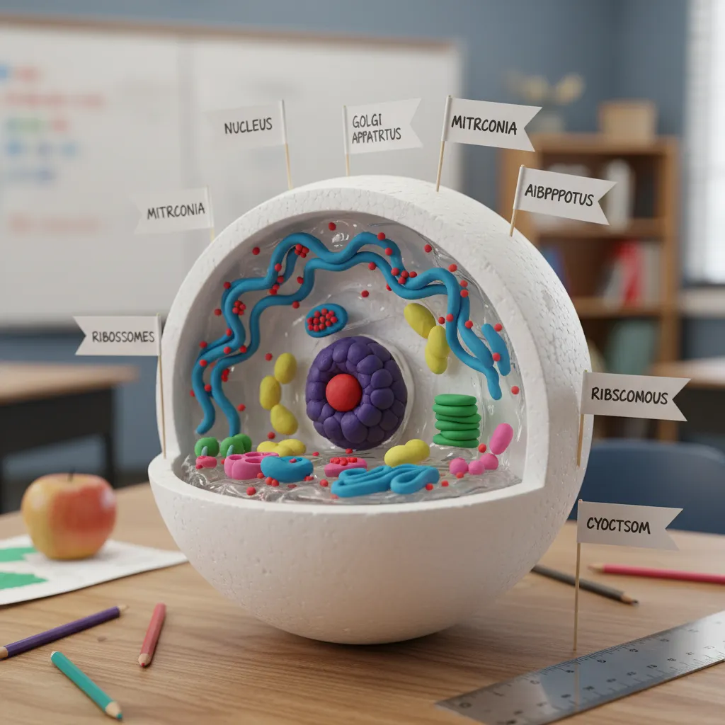 styrofoam cell model school project with colorful organelles and labels