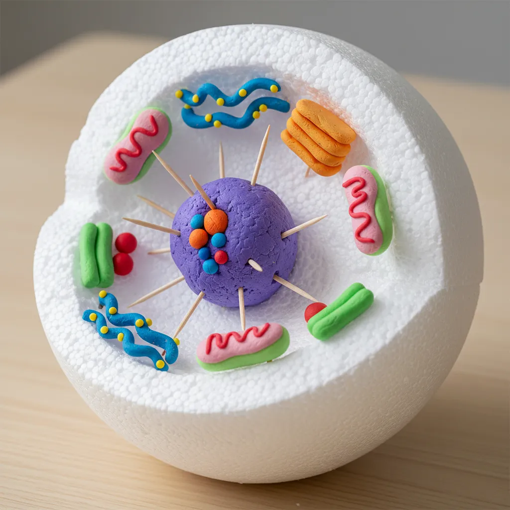 Organelles attached inside a Styrofoam cell model using toothpicks