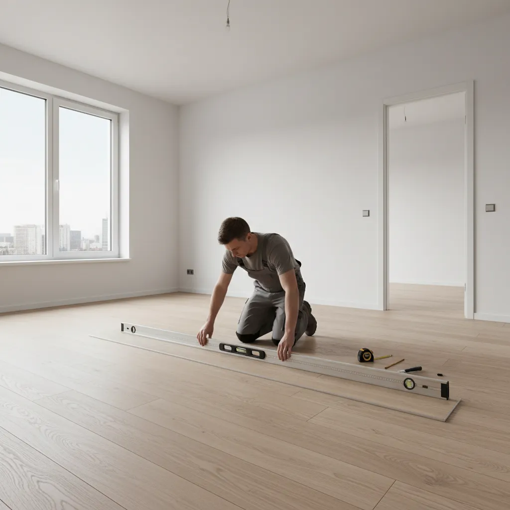Installer using long straightedge to check floor flatness before vinyl plank installation
