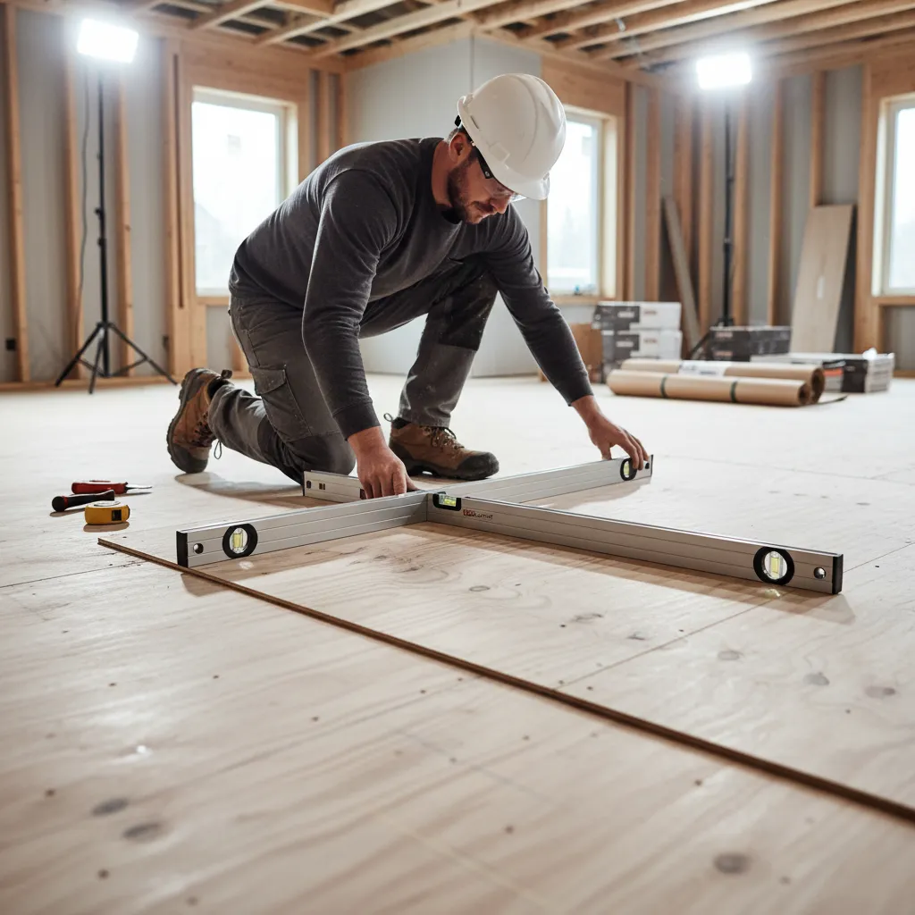 Checking subfloor flatness with long straightedge before vinyl plank flooring installation