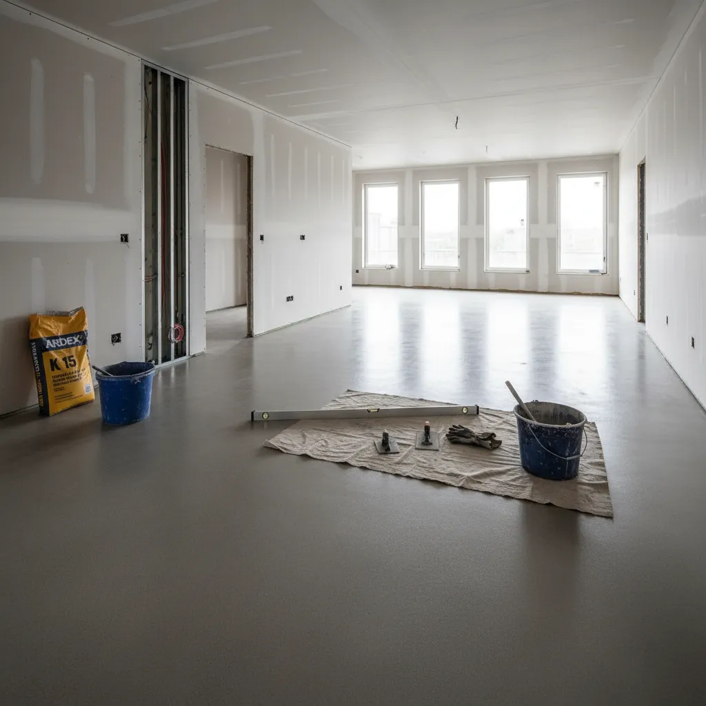 Level concrete subfloor prepared for checkerboard tile installation