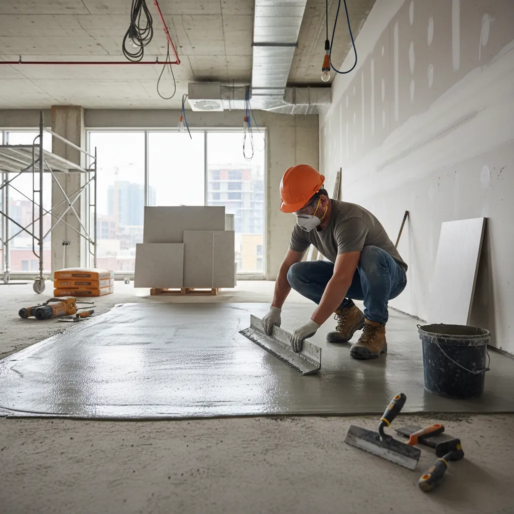 Contractor preparing subfloor leveling compound before installing large tiles