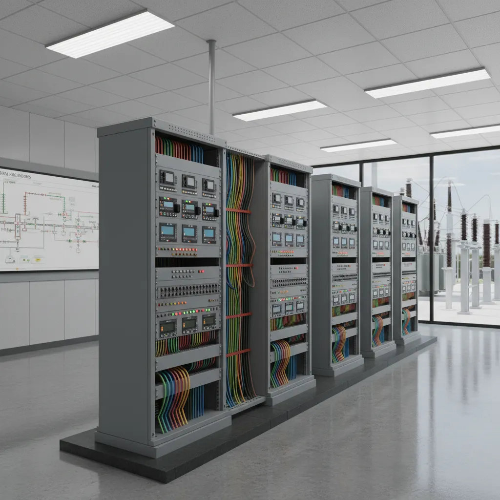 protection relay panels in a high voltage substation relay room