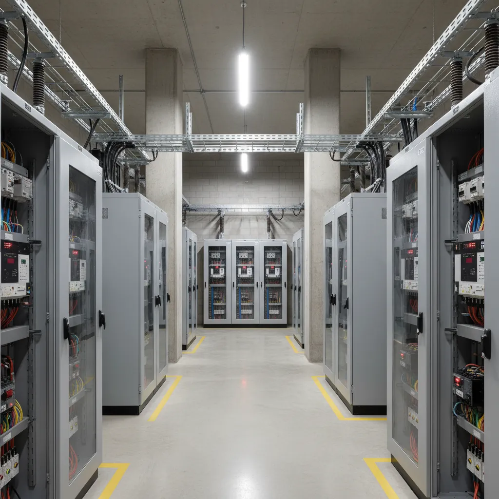 interior of electrical substation relay room with protection cabinets