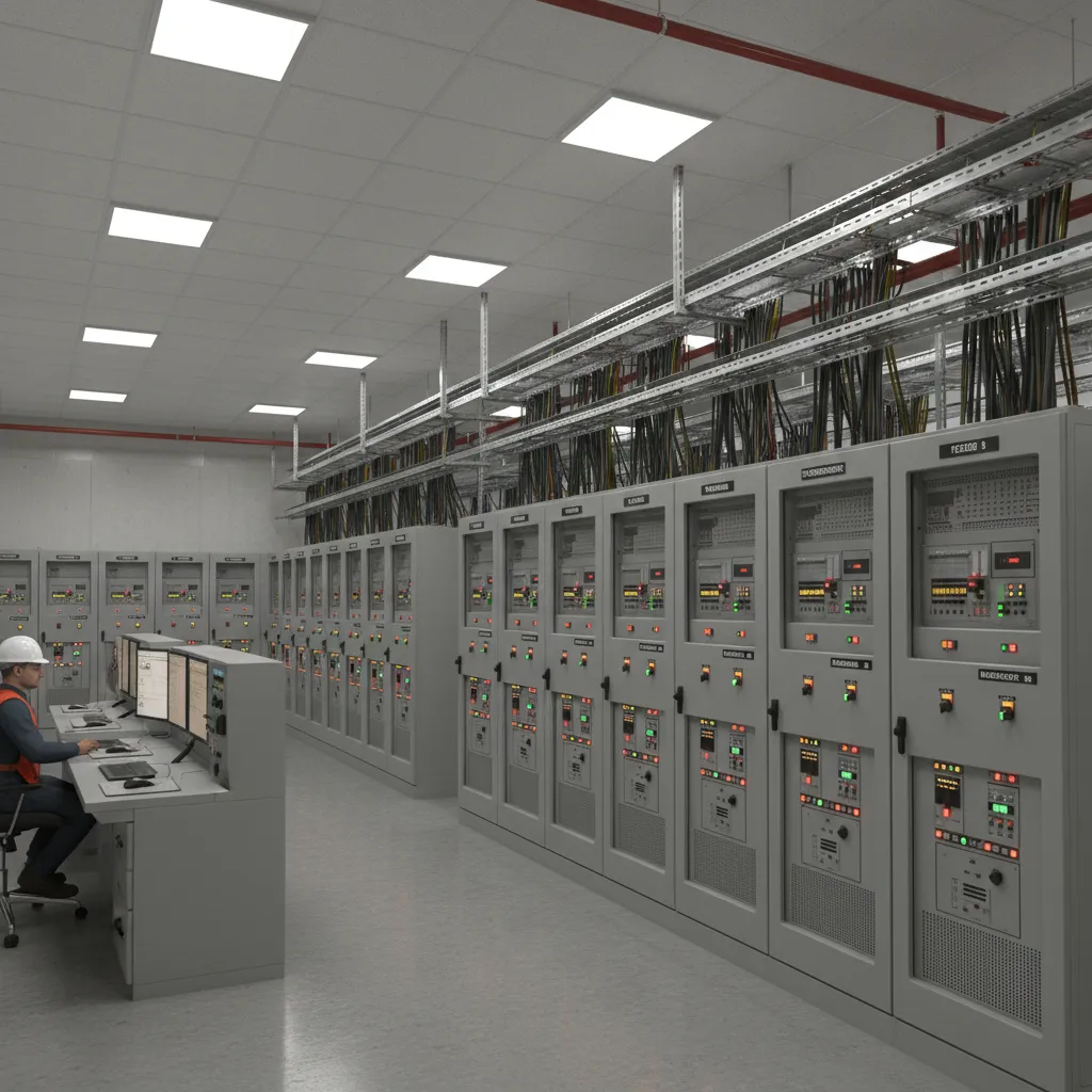 Wide view of organized relay protection cabinets inside a substation relay room
