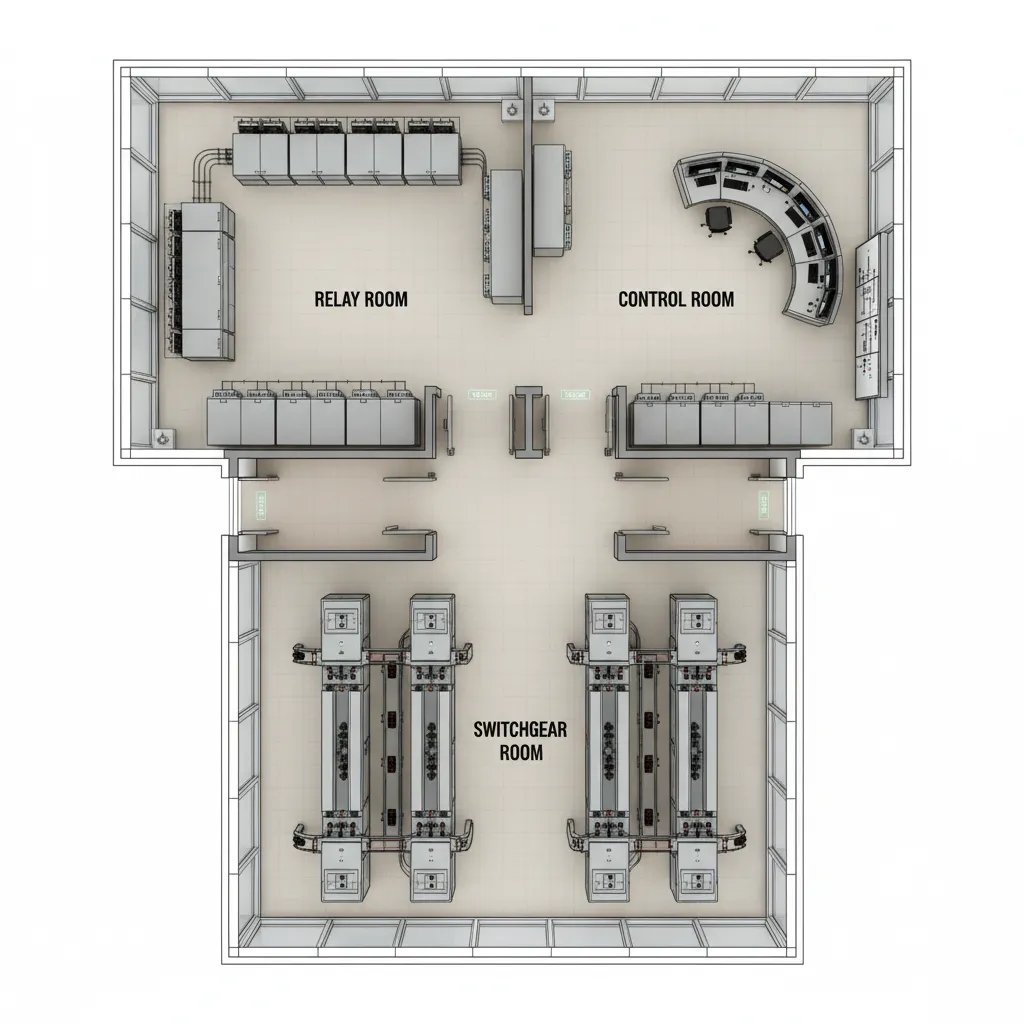 Simplified layout diagram showing relay room control room and switchgear room arrangement