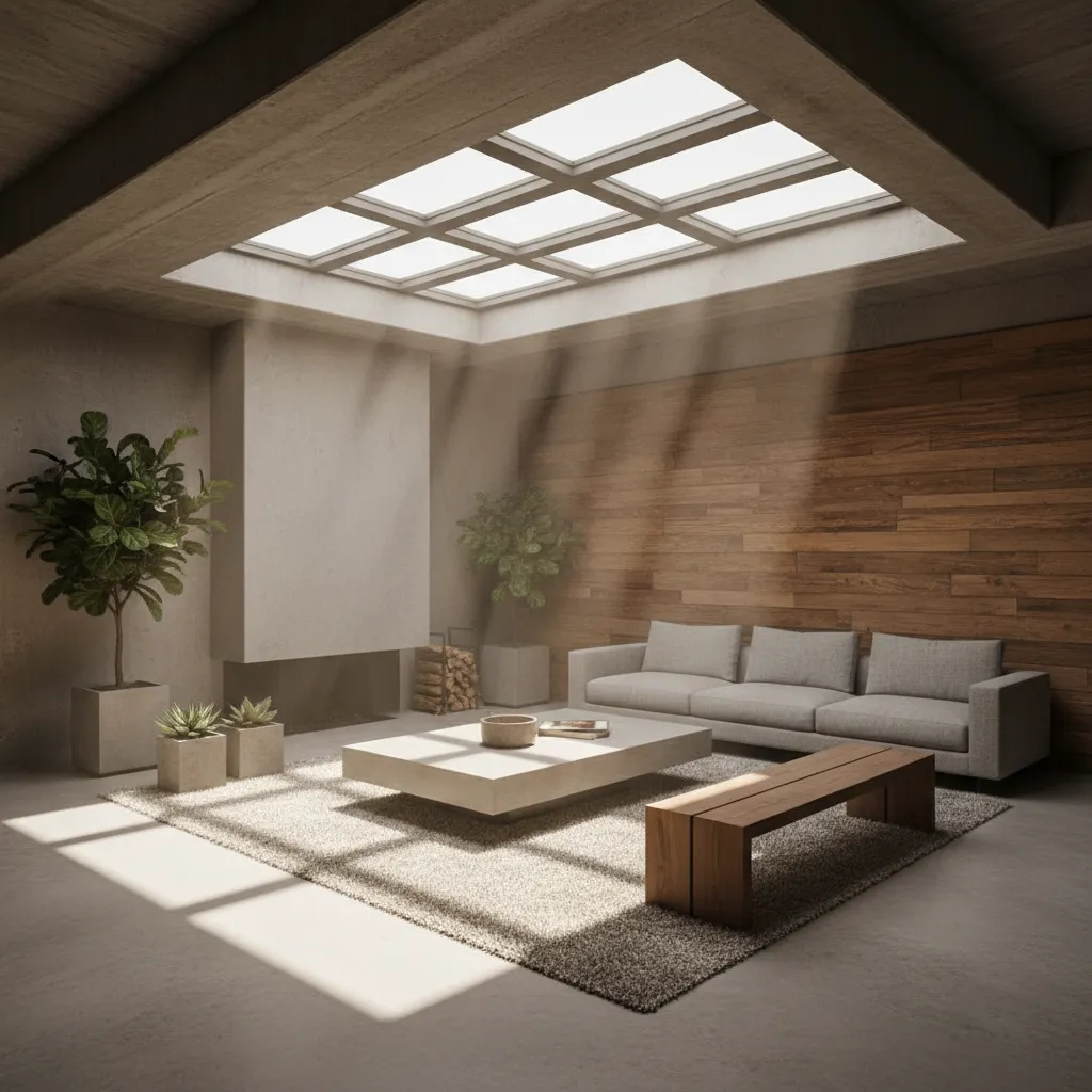 Modern living room with grey sofa wood wall panel large roof window coffee table and plants
