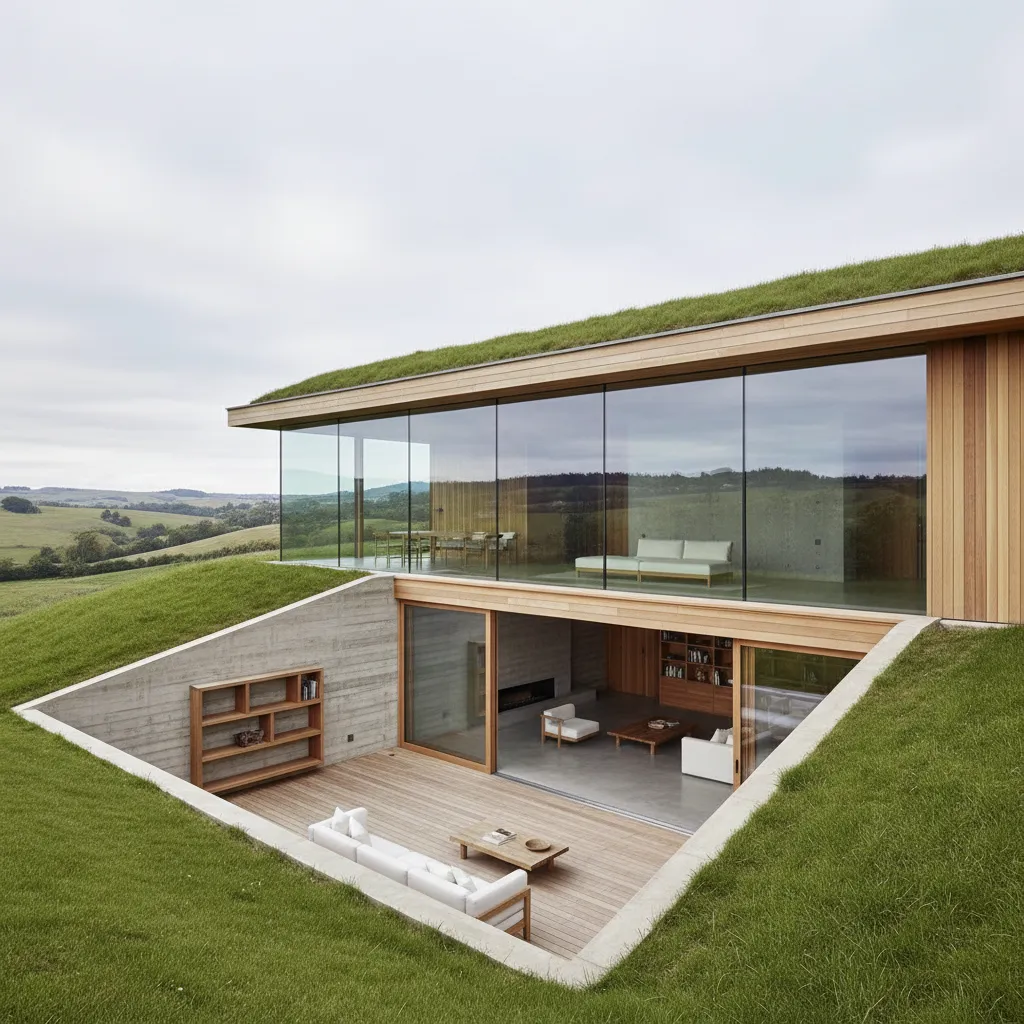 Modern underground house with grass roof glass walls outdoor patio and living room furniture design