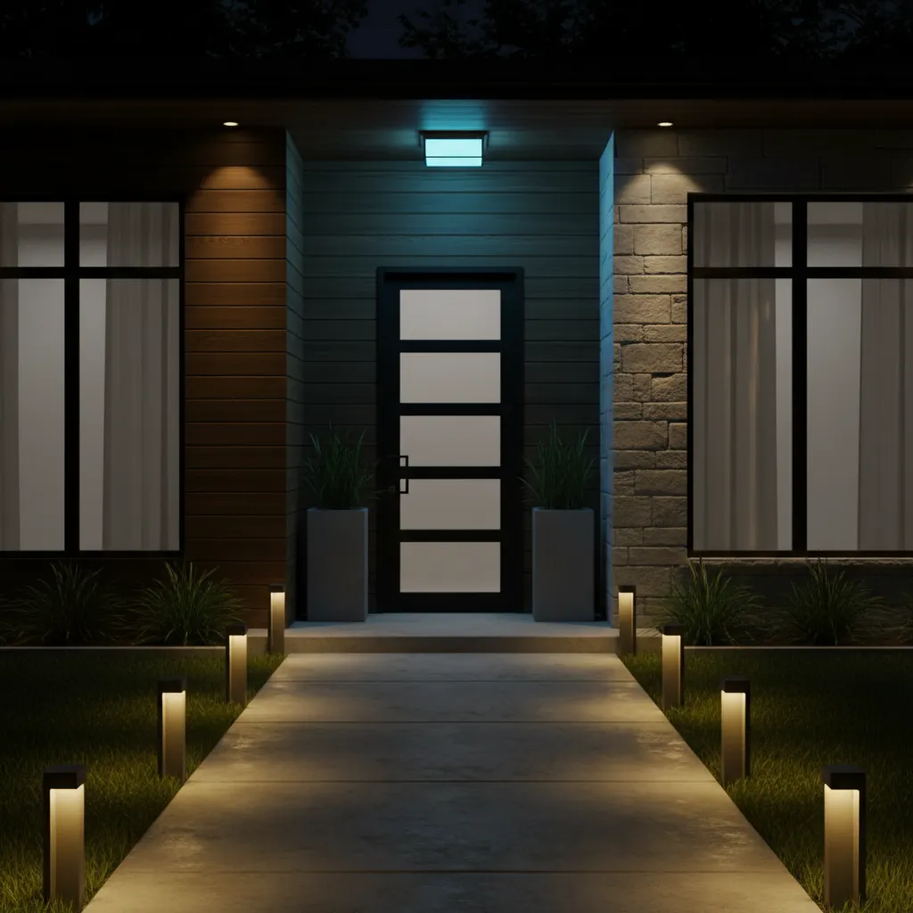 Front porch with subtle blue accent lighting balanced with warm pathway lights