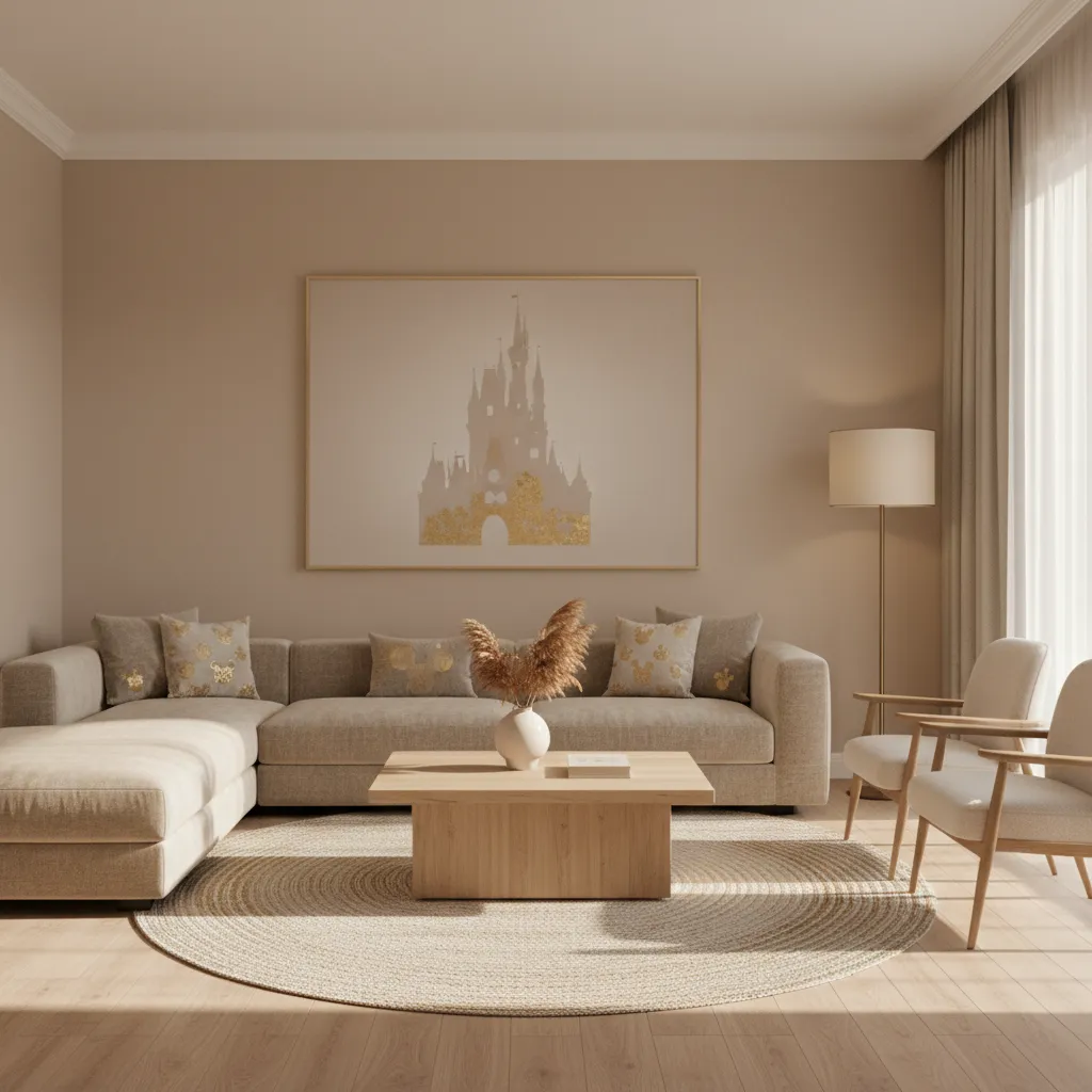 modern living room with subtle Disney decor accents and neutral interior design