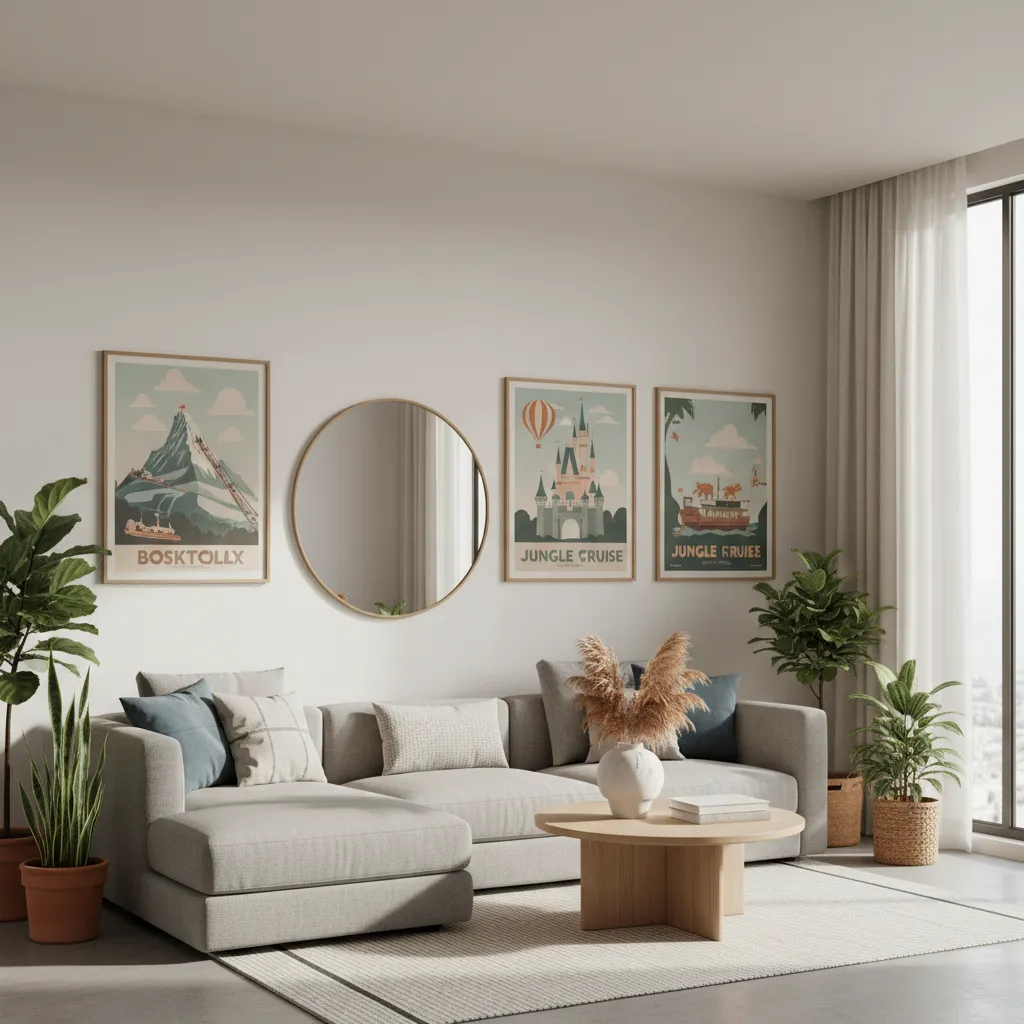 subtle disney inspired living room with neutral palette and framed vintage park poster