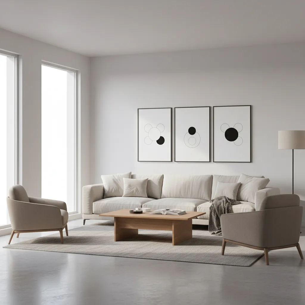 modern living room with subtle Mickey inspired decor and neutral colors
