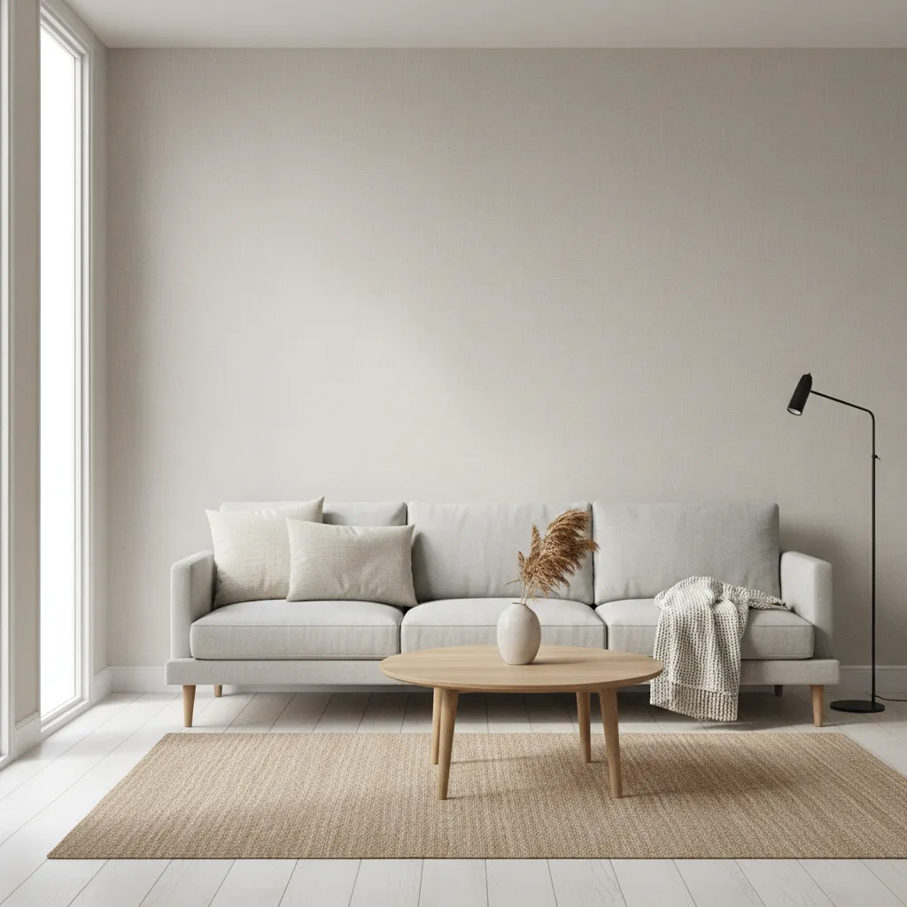 Minimalist living room with textured wall grey sofa round coffee table rug and floor light