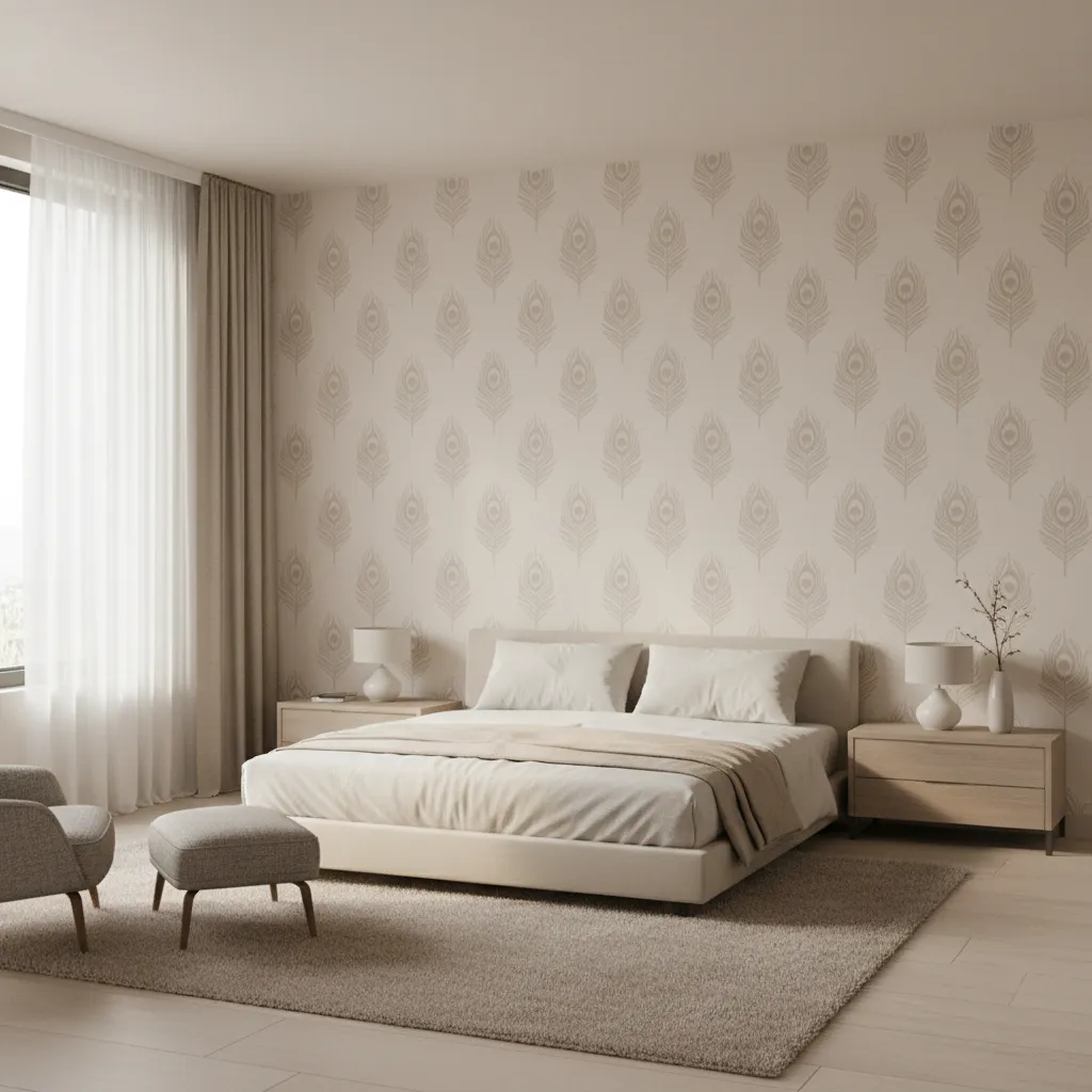 subtle peacock feather stencil pattern on a neutral bedroom wall