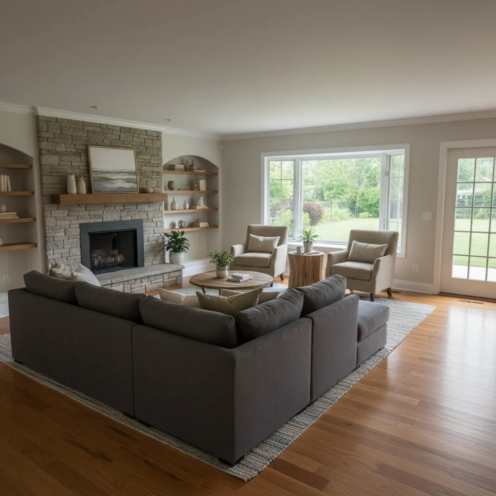 Suburban house 15 x 15 living room with fireplace focal point