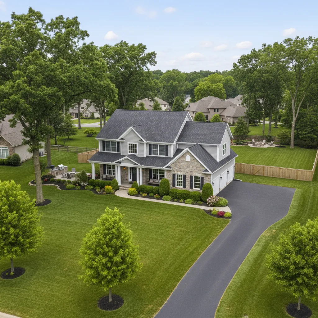 Suburban house on a half acre lot with large yard and trees