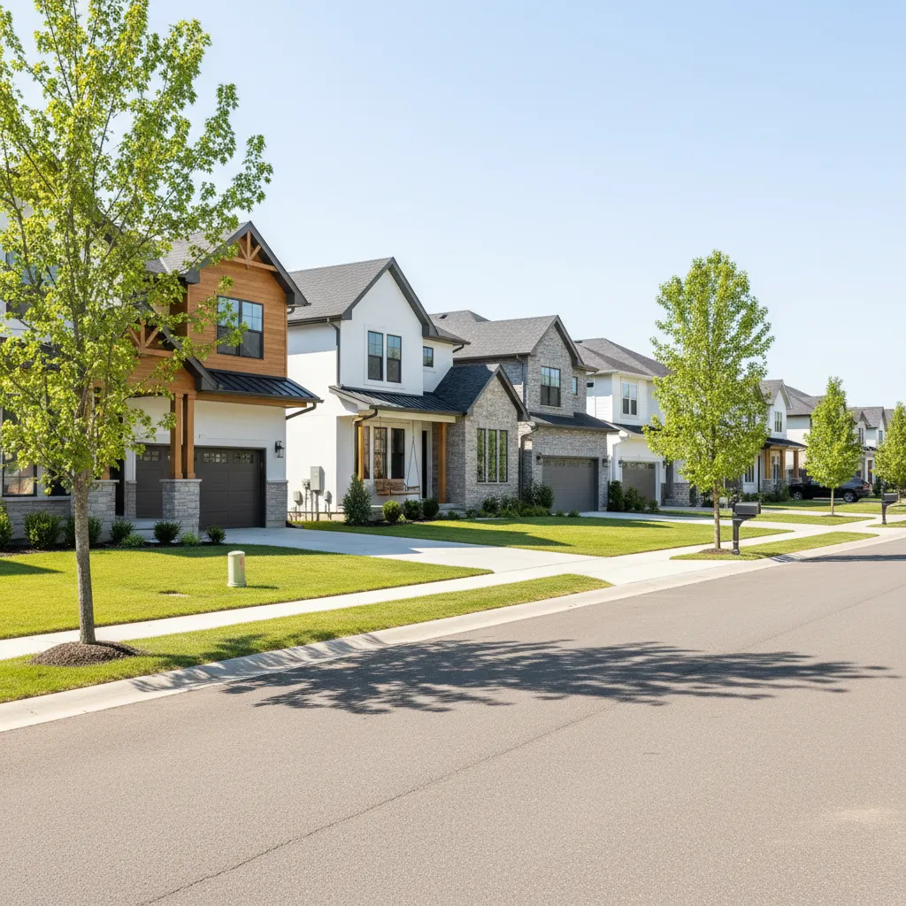 Uniform suburban HOA community street with similar homes and landscaping