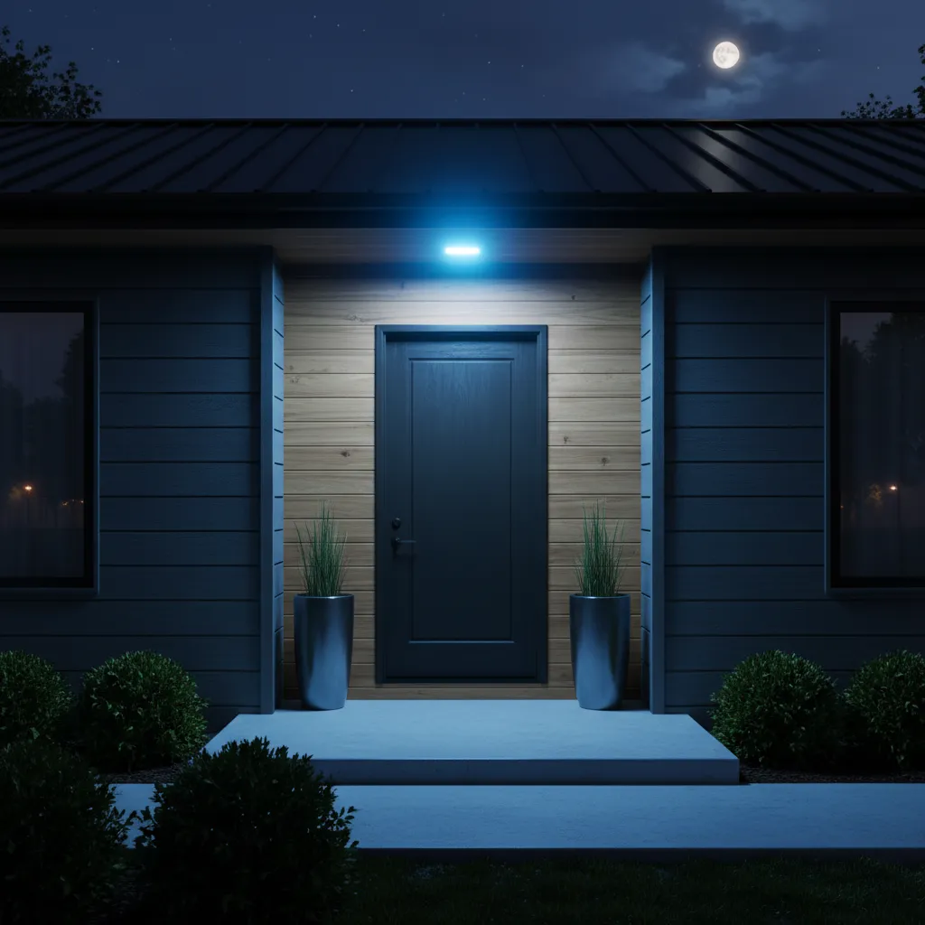 House exterior at night with a glowing blue porch light
