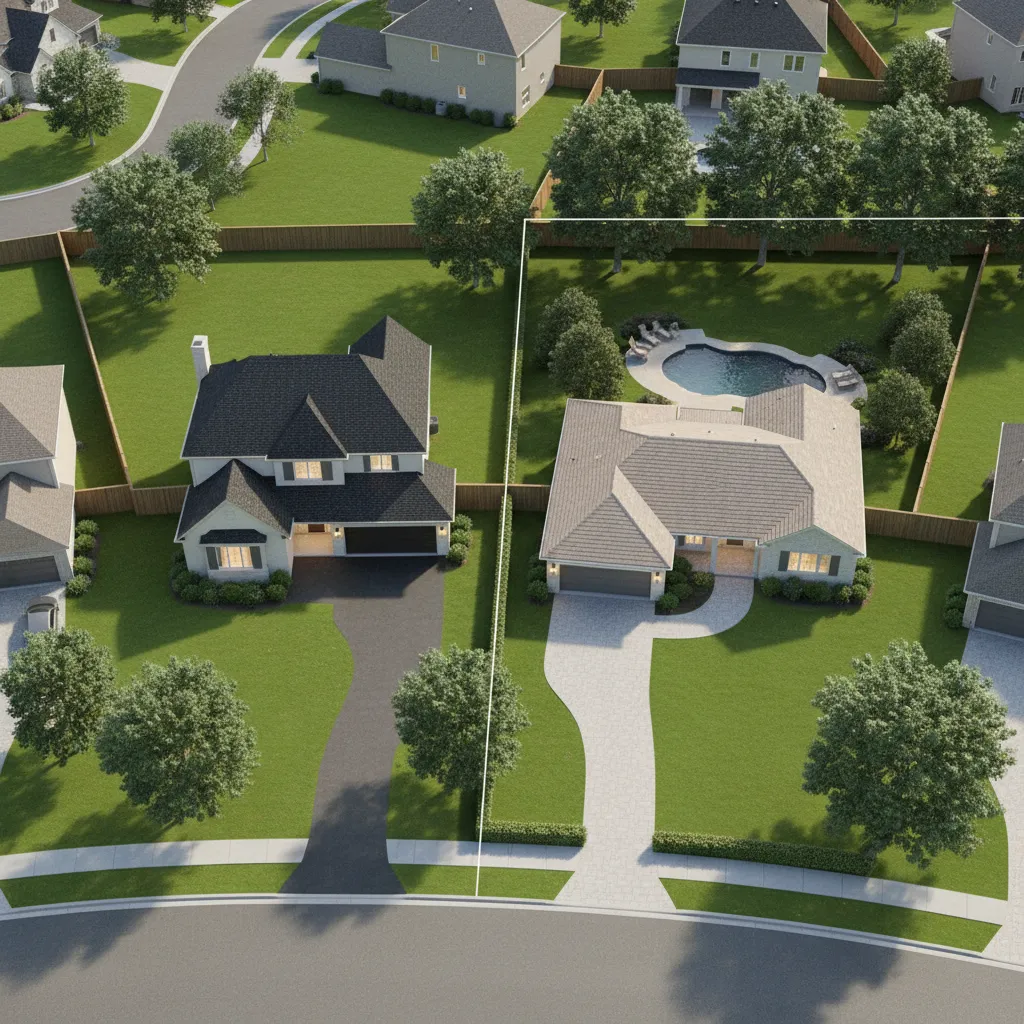 Suburban homes shown on quarter acre and half acre lots for scale comparison