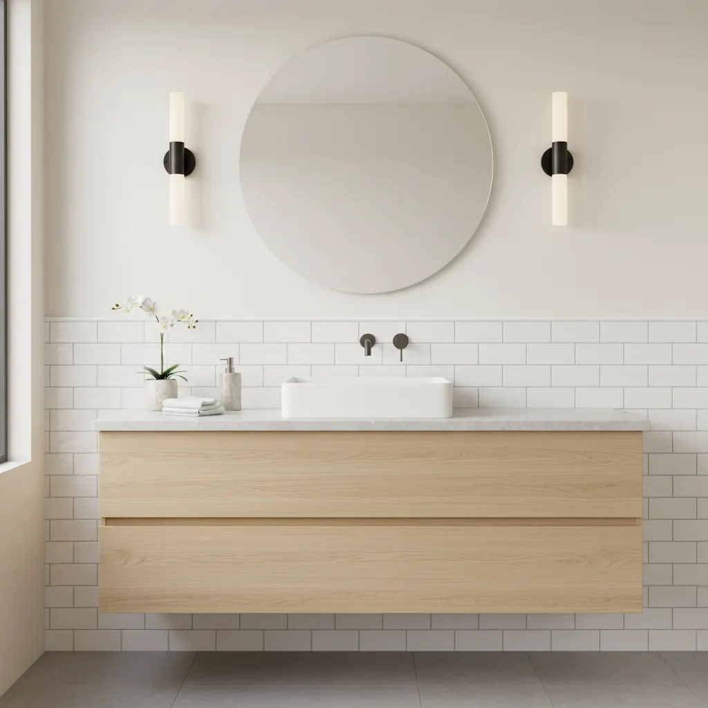Bathroom vanity backsplash using white peel and stick subway tiles