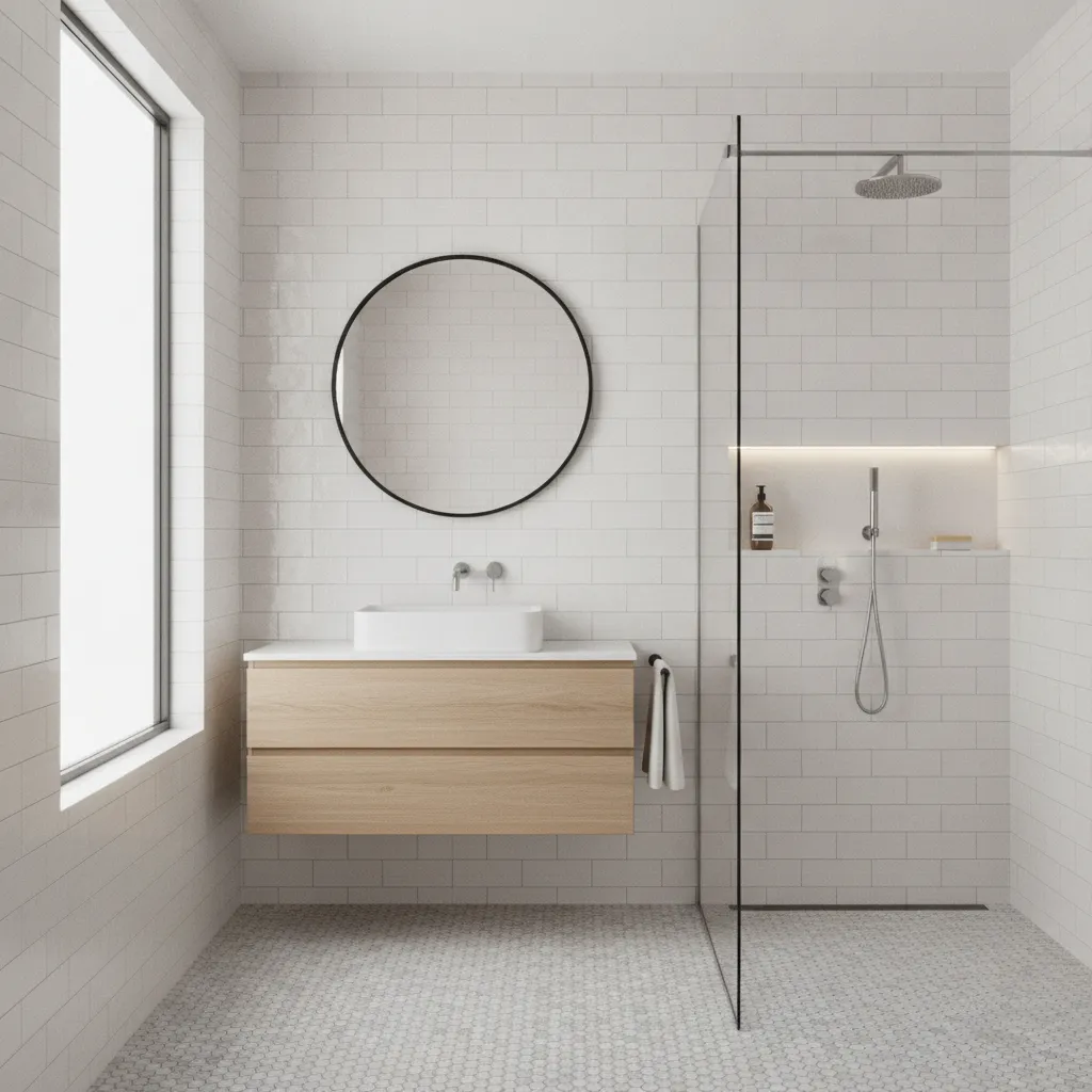 White subway tile bathroom wall paired with hexagon floor tile pattern
