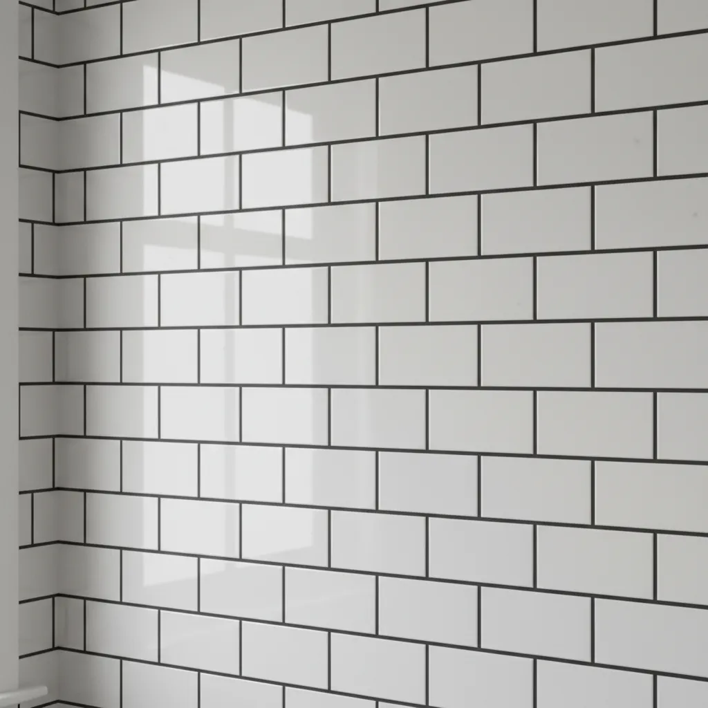 white subway tile bathroom wall in brick pattern