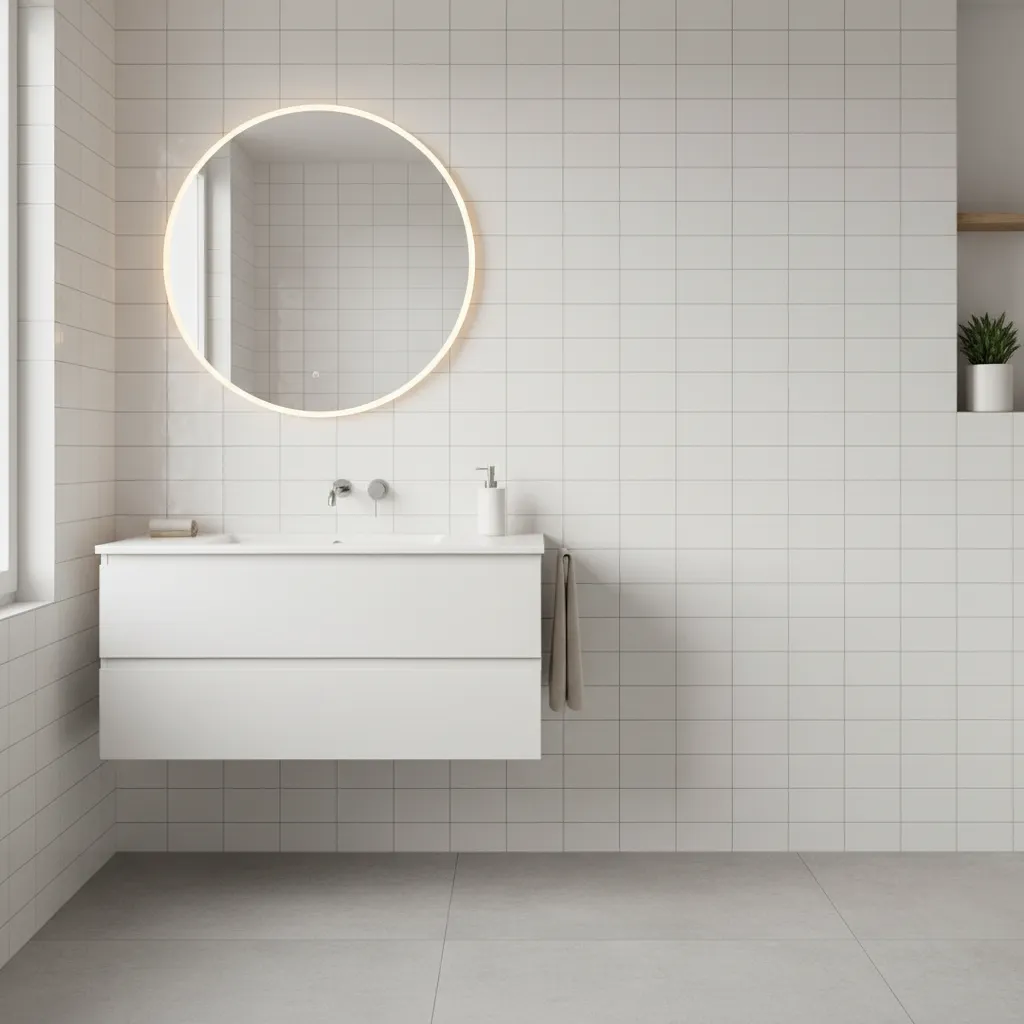 White subway tile wall with gray grout in modern bathroom