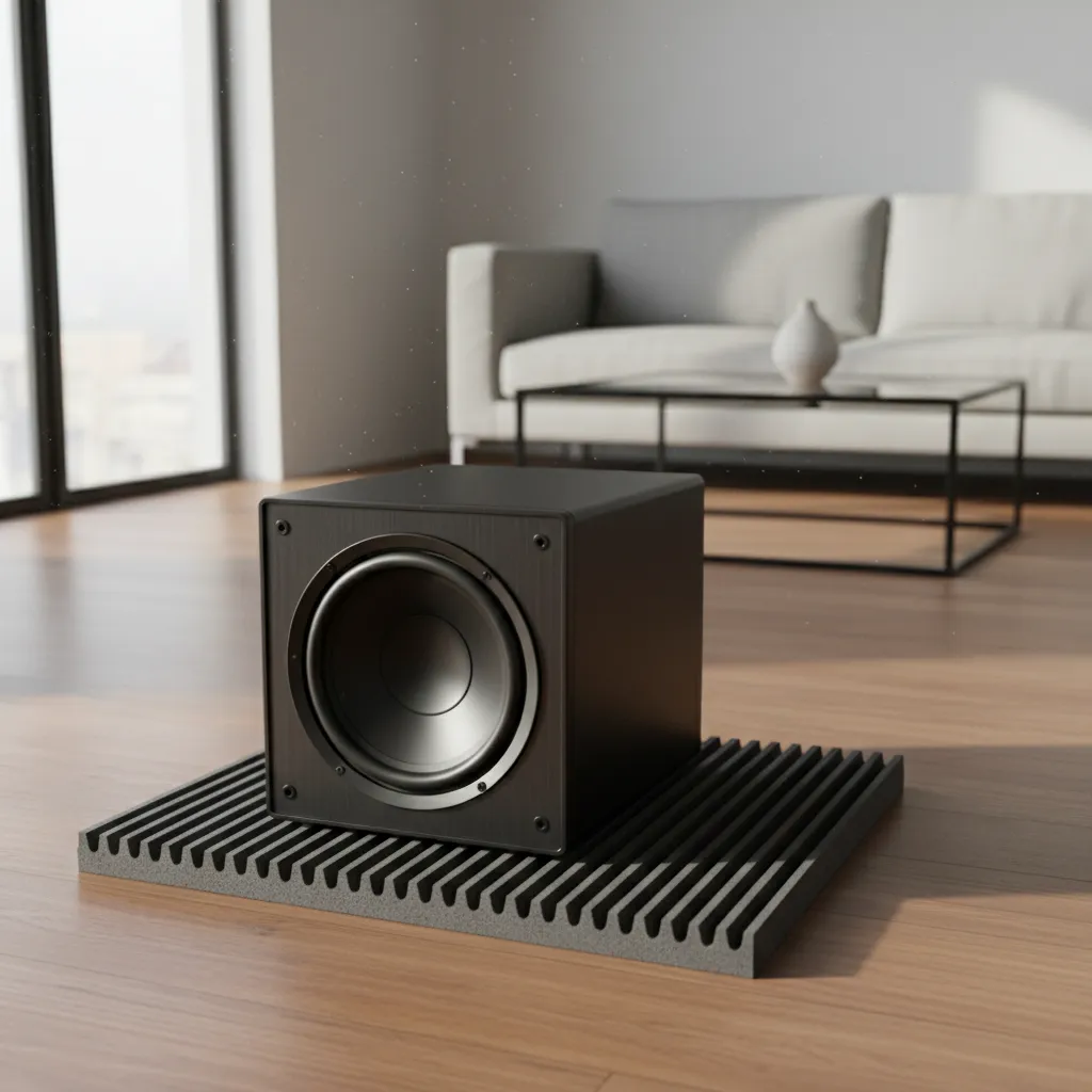 home theater subwoofer sitting on acoustic isolation pad on hardwood floor