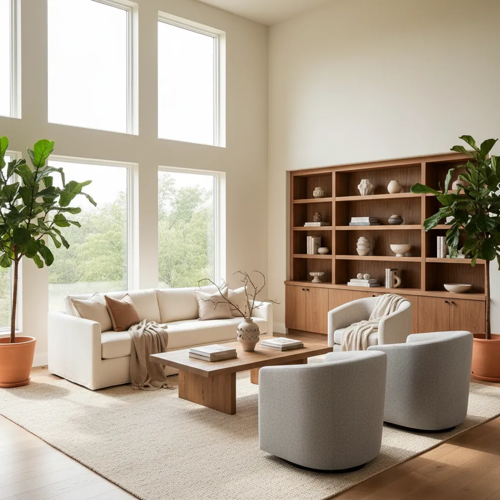 Bright modern living room featuring white sofa, grey chairs, wooden coffee table, and large windows