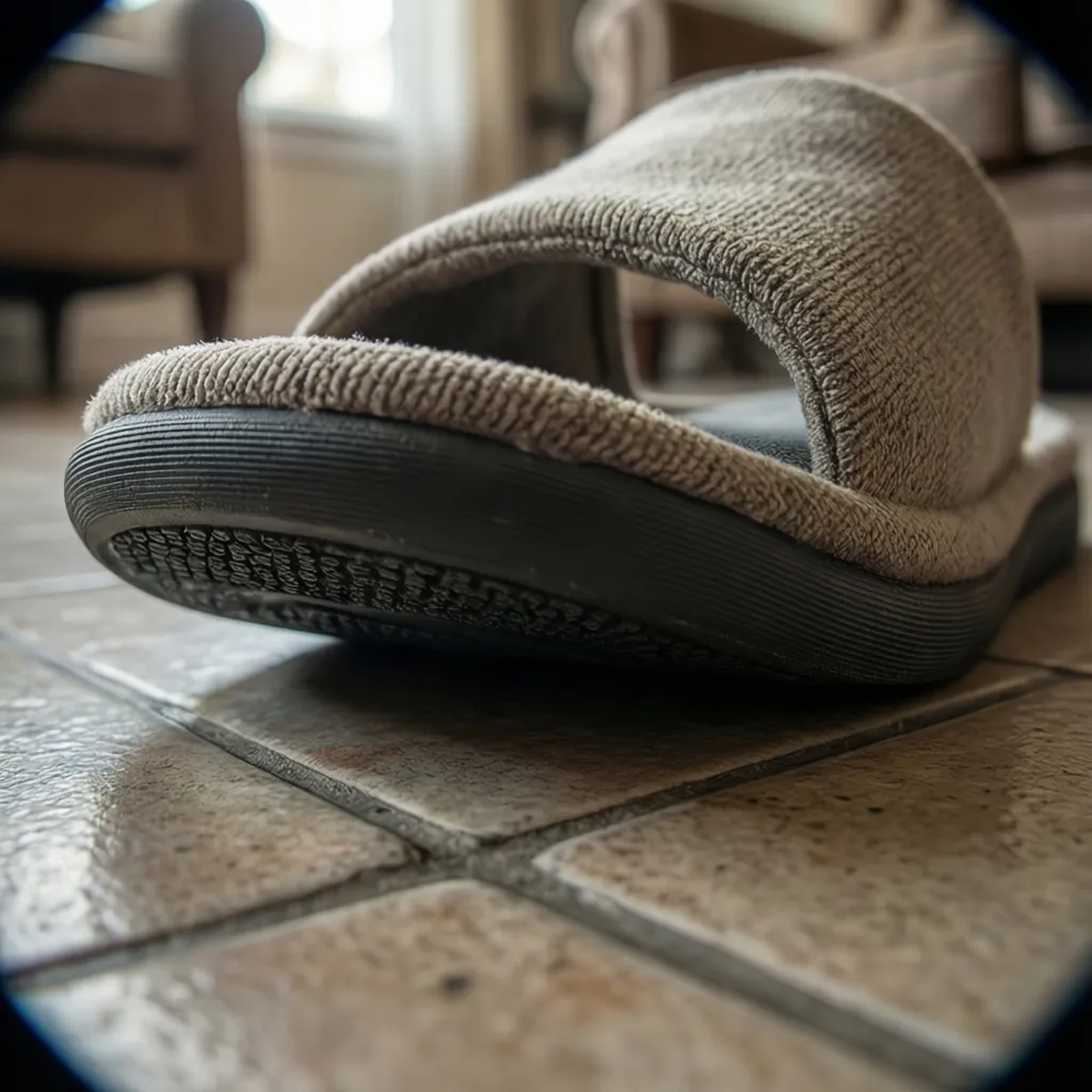 detalle de suela antideslizante de zapatilla doméstica sobre suelo cerámico