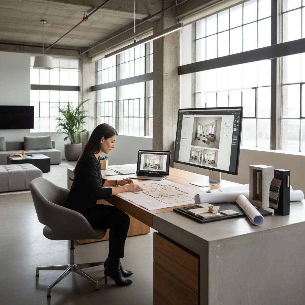 Female designer drawing room layout at desk with computer showing interior design drawings in office