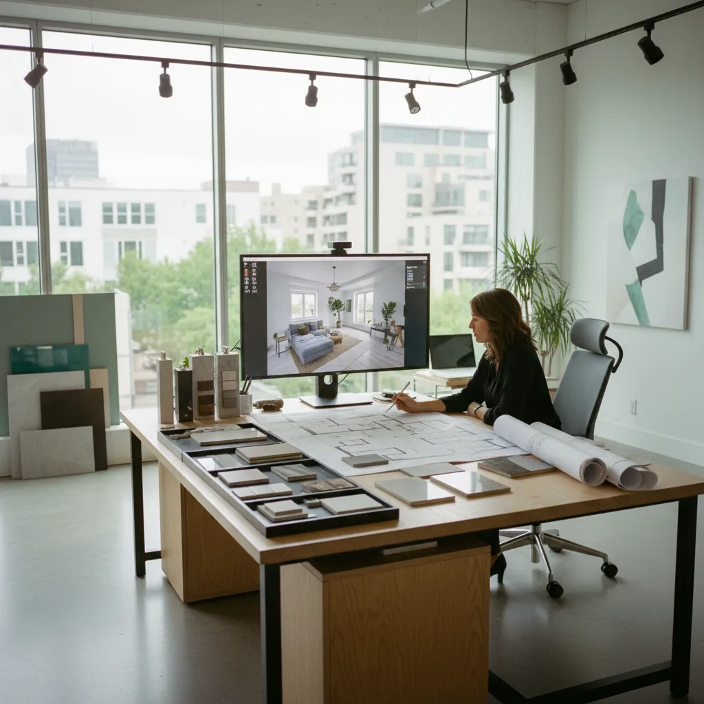 Interior designer working on floor plan with material samples and computer monitor in bright office