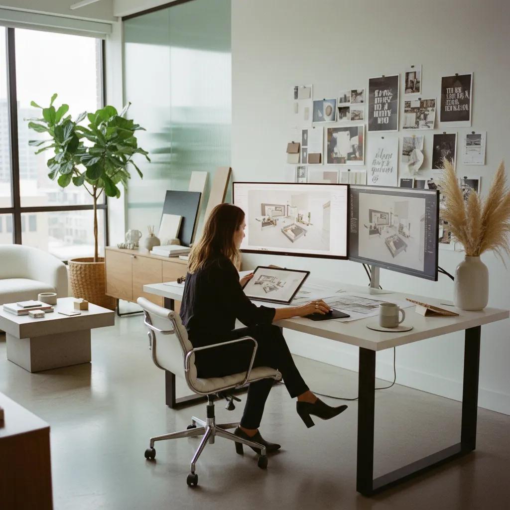 Female interior designer working on room layout designs using two large monitors and a tablet