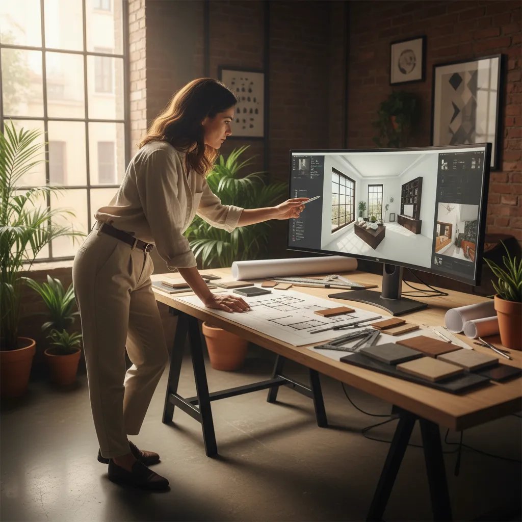 Female interior designer working on an interior design drawing with a monitor and floor plan