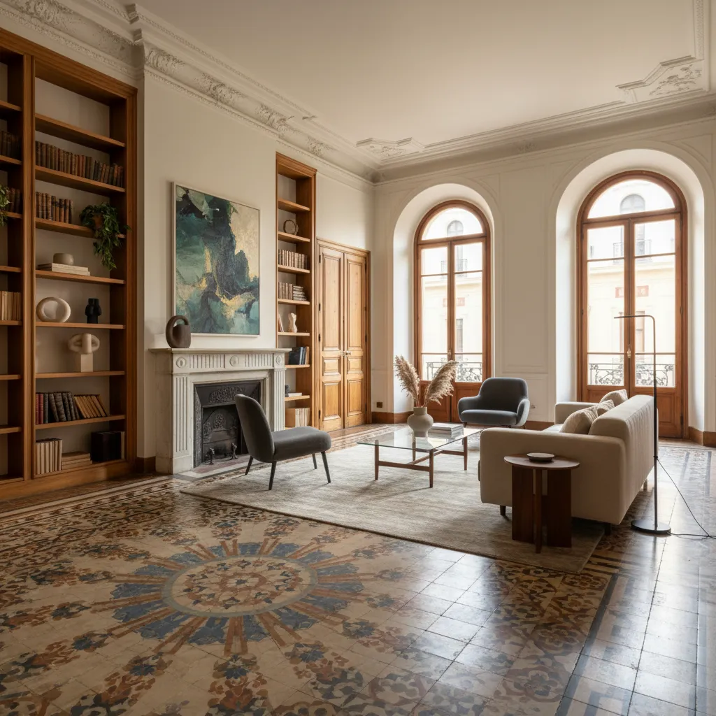 Sala de estar con suelo hidráulico restaurado y muebles contemporáneos
