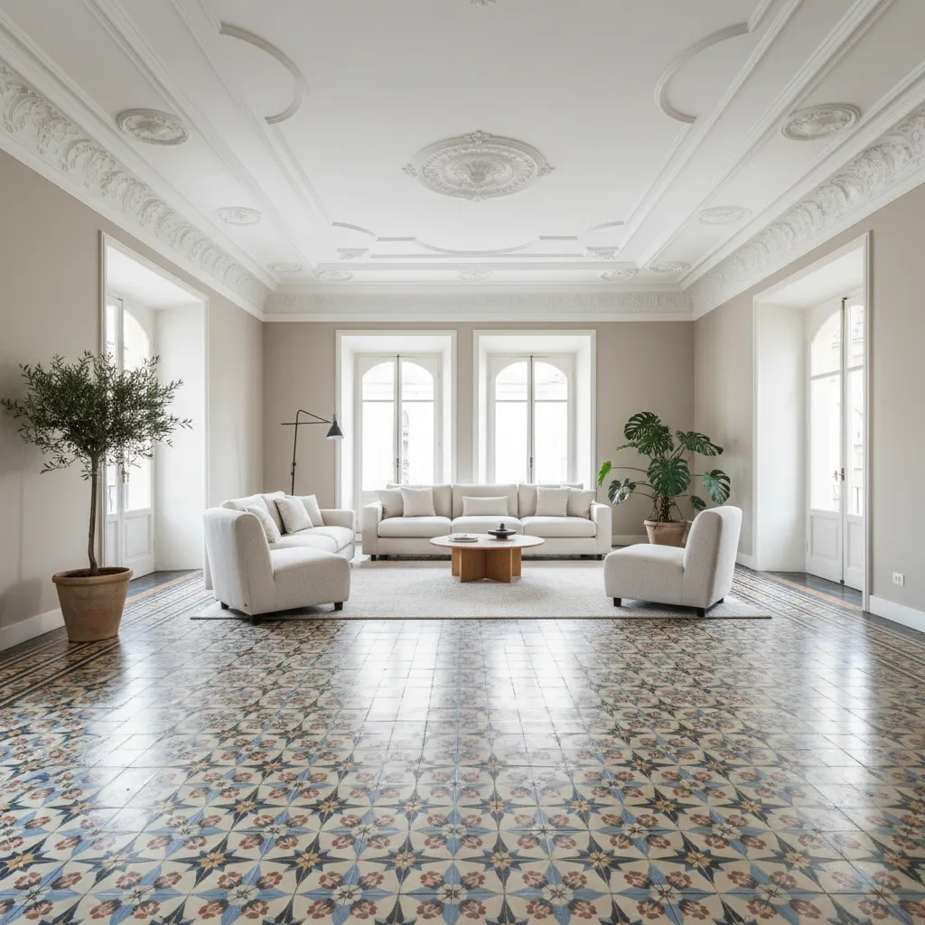 Spacious living area with patterned floor tiles white sofas wooden coffee table and decorative ceiling