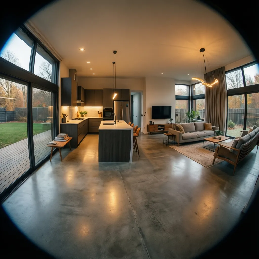 Interior de casa con suelo de hormigón pulido continuo