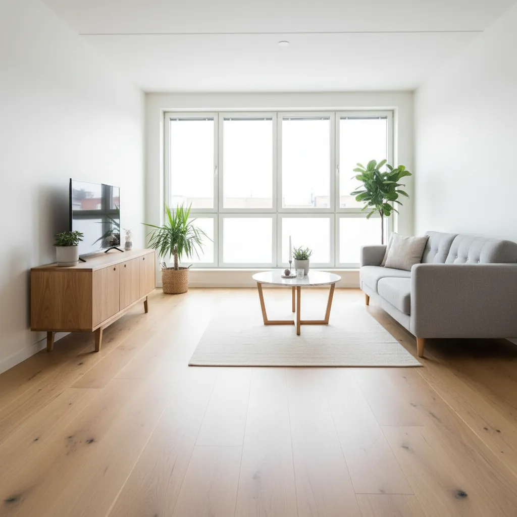 Minimalist living room with white walls large window wooden floor grey sofa and wooden storage cabinet